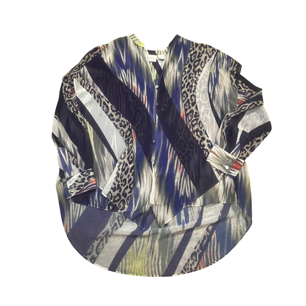 Chicos Mixed Animal Print Button‎ Front Blouse Blue Grey Abstract Size 1 Medium